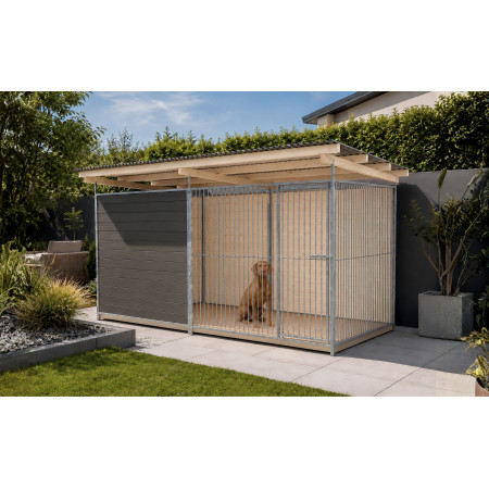 Perrera de madera de abeto gris grafito para perros con techo inclinado y frontal galvanizado.