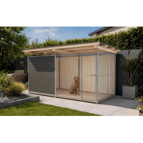 Perrera de madera de abeto gris grafito para perros con techo inclinado y frontal galvanizado.