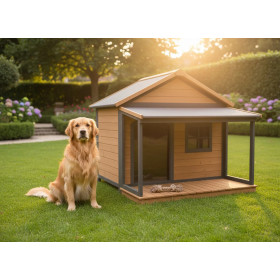 Casa grande para perros con terraza y techo a dos aguas