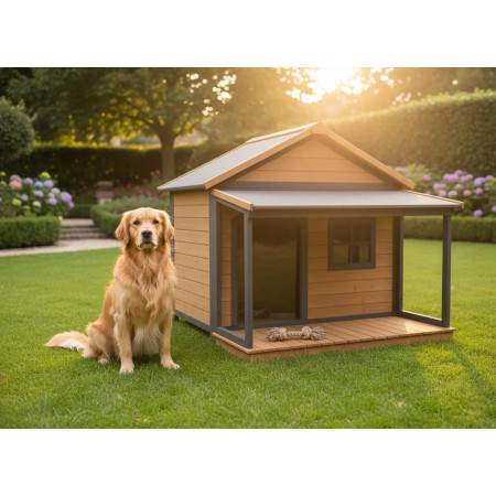 Casa grande para perros con terraza y techo a dos aguas