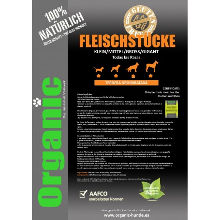 Organic Fleischtücke / Carne deshidratada Ternera para perros 10kgs